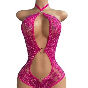 Hot Pink Rhinestone Cutout Halter Bodysuit